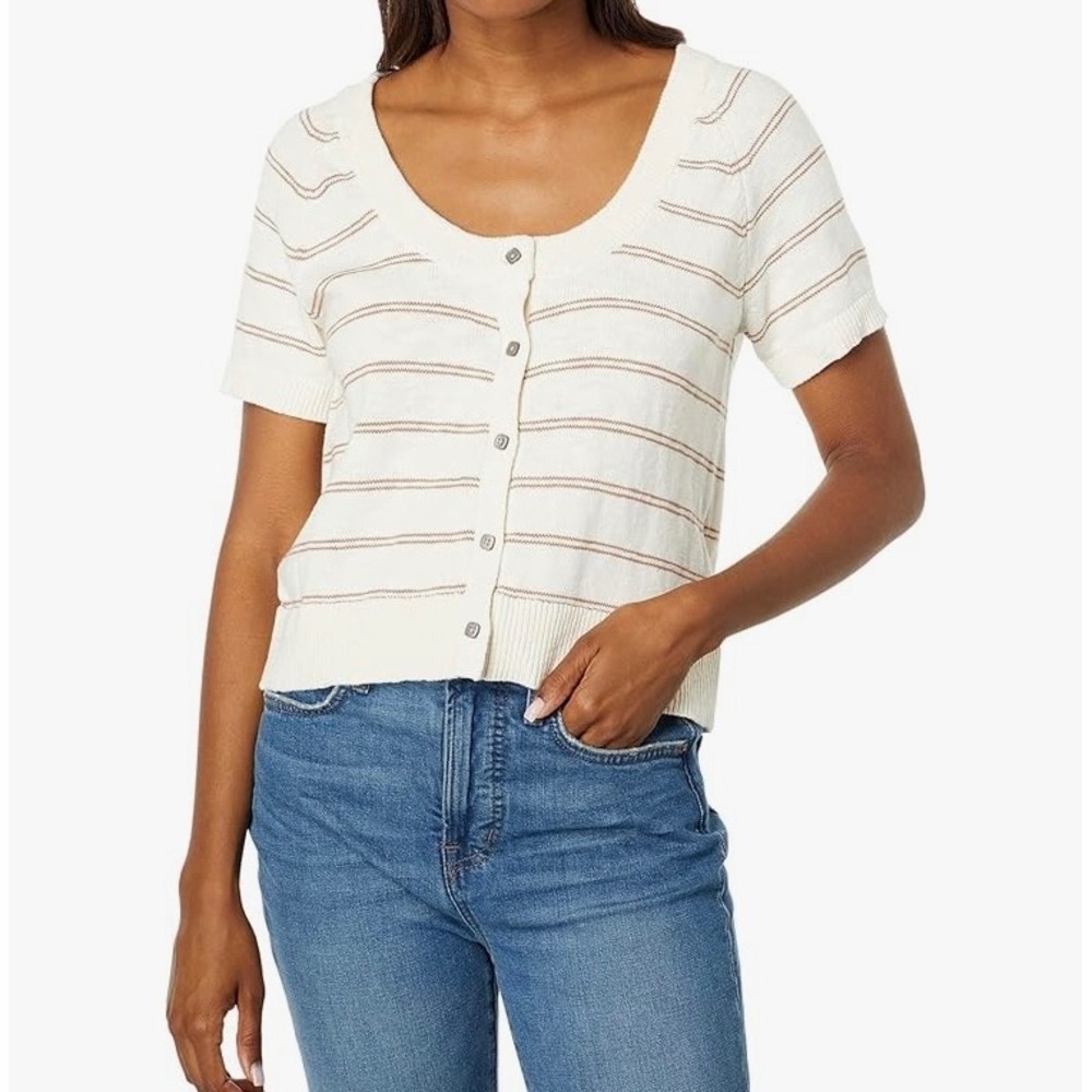 Madewell Linden Scoop Sweater Tee XS Short Sleeve Striped Button Cream Brown